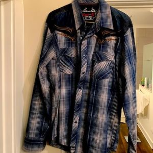 Rock 47 dark blue plaid button down pearl snap